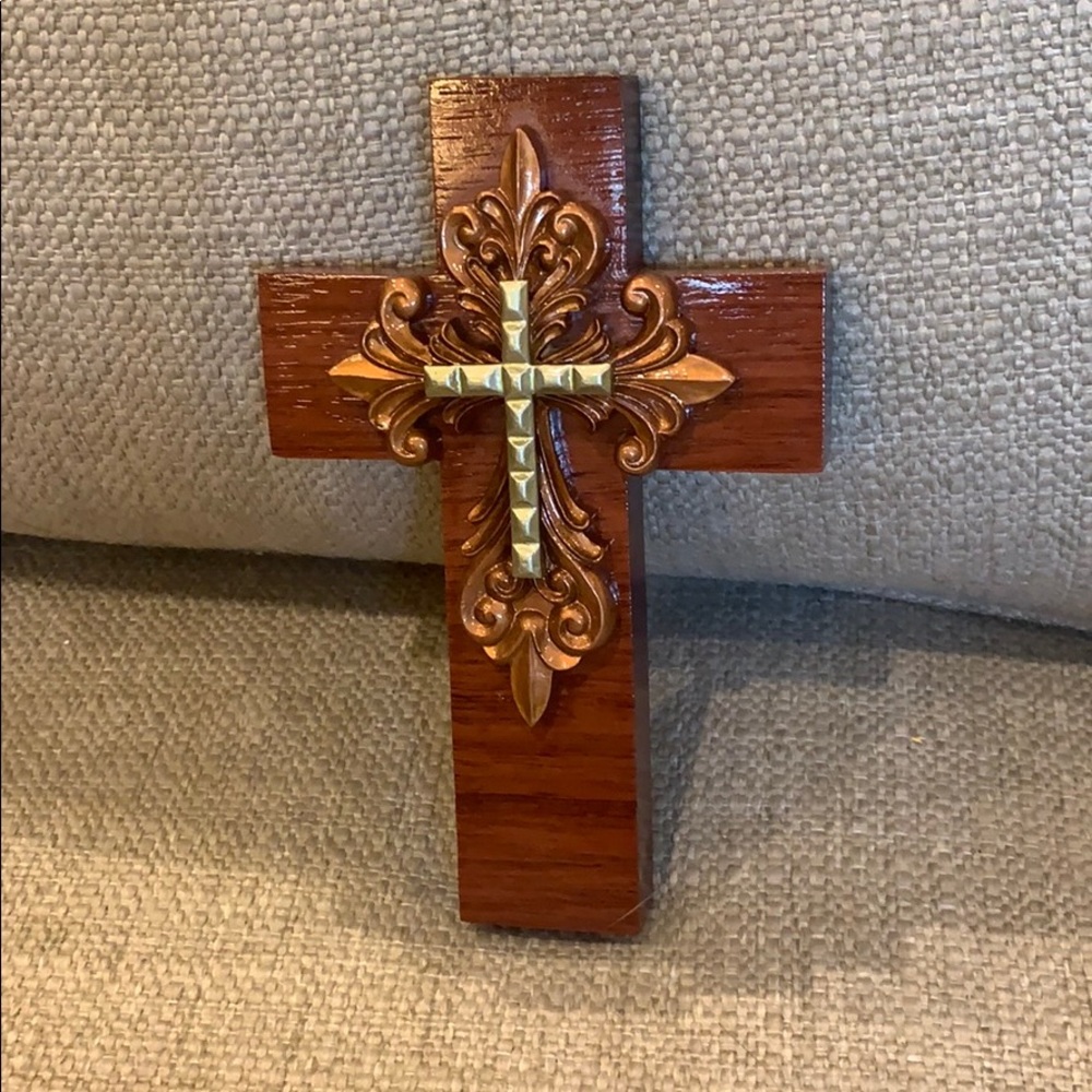 7” Handmade Wood Cross Copper & Gold Accents